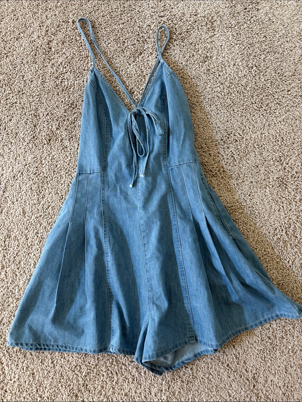 Denim Blue One-Piece Romper with Tie Front and back